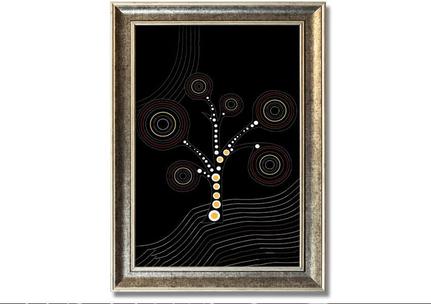 Framed Aboriginal Tree 2 print showcasing vibrant colors and intricate patterns, ready to hang.